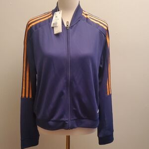 Adidas Women's Blue Bomber Jacket with Orange Stripe